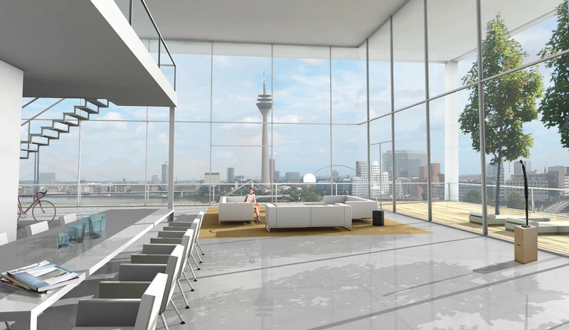 Visualisierung eines doppelstöckigen Apartments mit Glasfassade und Blick über die Stadt