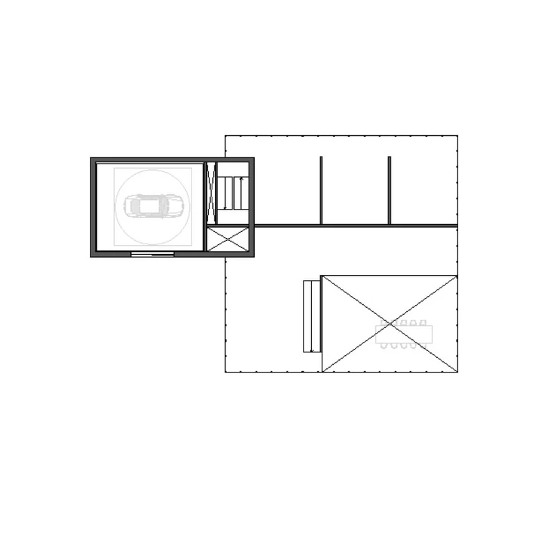 Grundriss einer Apartmentebene mit Aufzug und Stellplatz