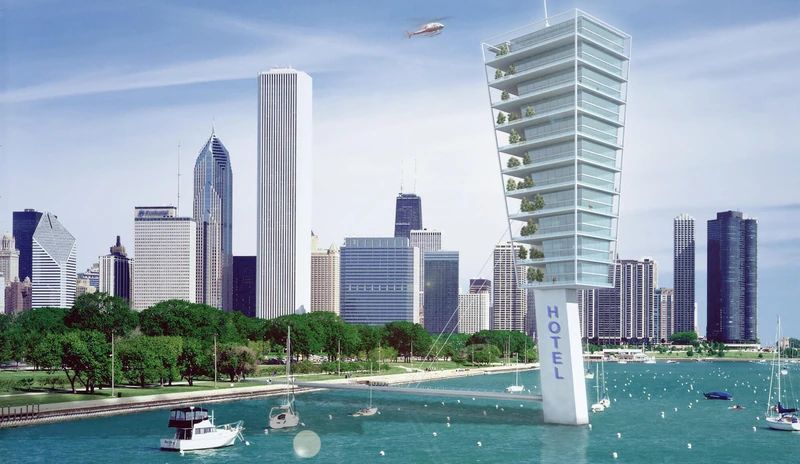 Visualisierung des Wohnturms mit begrünten Dachgärten vor einer Hochhaus-Skyline am Hafen