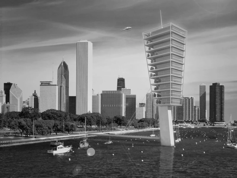 Visualisierung des Wohnturms Heaven 7 vor einer Hochhaus-Skyline am Wasser, schwarzweiß